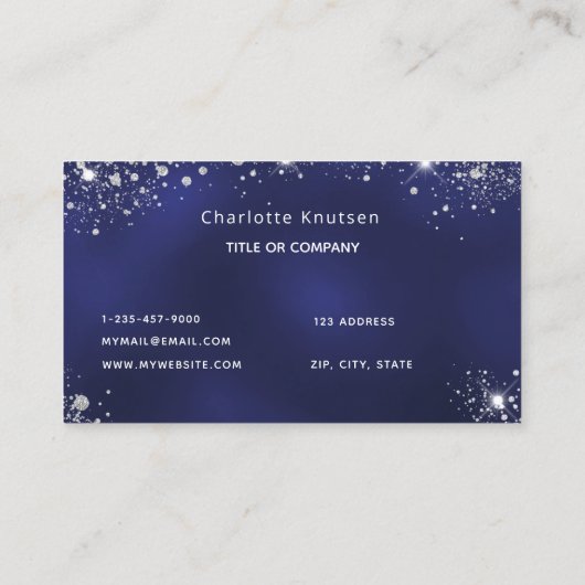 Blauwe witte glittermonogram initialen visitekaartje (Achterkant)