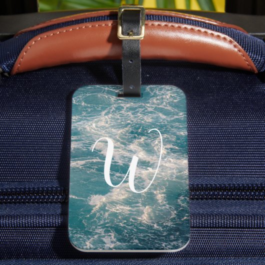 Blauwe Witte Golven Caribisch Zeegezicht Monogram Bagagelabel (Voorkant Insitu 2)