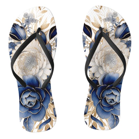Blauwe, witte & gouden bloemige Teenslippers (Voetbed)