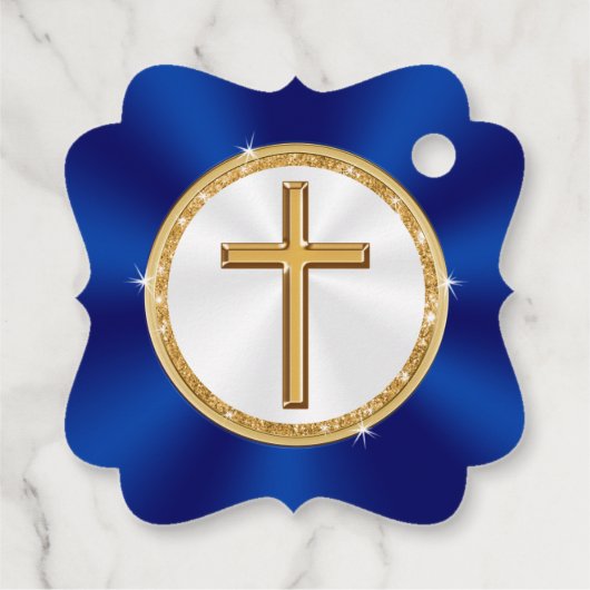 Blauwe, witte, goudkleurige, gepersonaliseerde ker bedankjes labels (Achterkant)