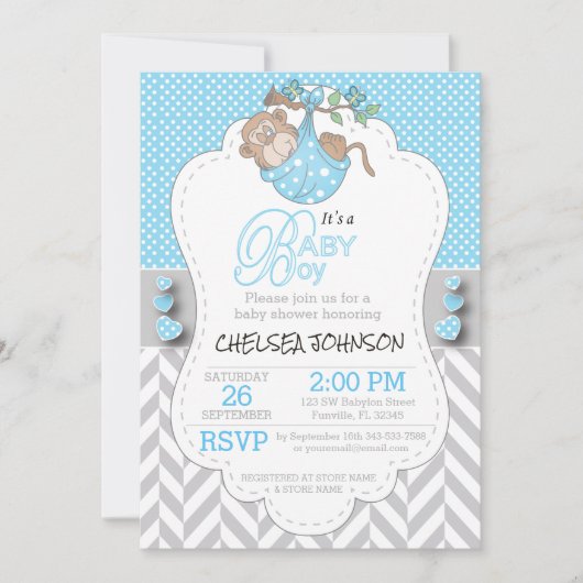 Blauwe, witte, grijze aap Babyschoenen Kaart (Voorkant)