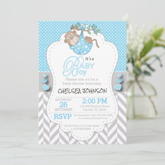 Blauwe, witte, grijze aap Babyschoenen Kaart (Staand voorkant)