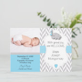 Blauwe, witte, grijze olifant 🐘 Baby Foto Aankondiging (Staand voorkant)