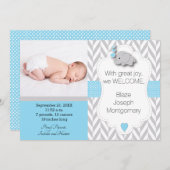 Blauwe, witte, grijze olifant 🐘 Baby Foto Aankondiging (Voorkant / Achterkant)