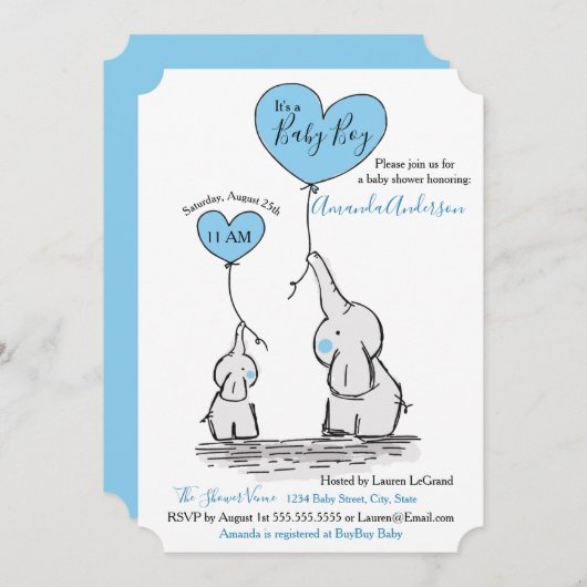Blauwe, witte grijze olifant Baby shower Kaart (Voorkant / Achterkant)