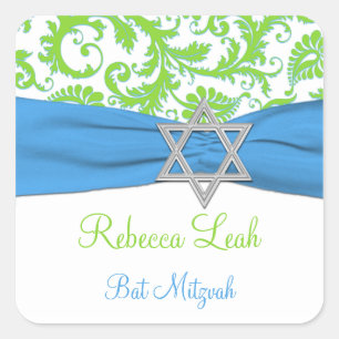 Blauwe, witte, groene Damask Bat Mitzvah Sticker