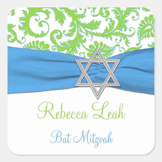 Blauwe, witte, groene Damask Bat Mitzvah Sticker (Voorkant)