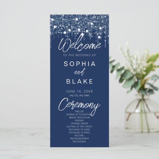 Blauwe & Witte Hangende Lichten Huwelijksprogramma (Staand voorkant)