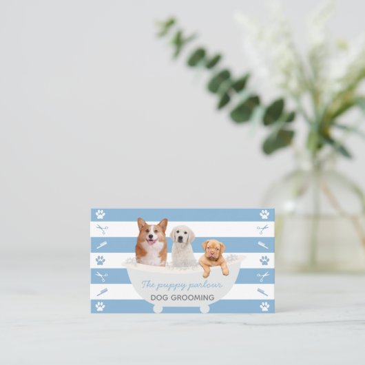 Blauwe witte honden, bellenbad dog groomservice visitekaartje (Staand voorkant)
