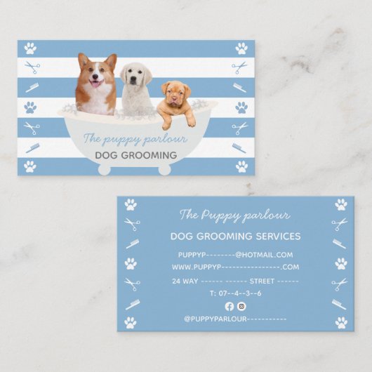 Blauwe witte honden, bellenbad dog groomservice visitekaartje (Voorkant / Achterkant)