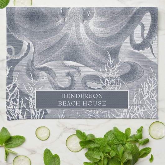 Blauwe witte inktvis theedoek (Gevouwen)