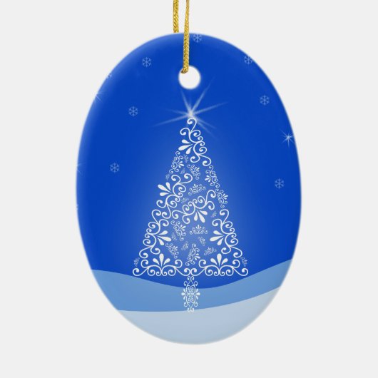 Blauwe witte kerstaven met kerstboomsterren Night Keramisch Ornament (Achterkant)