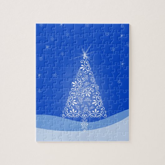Blauwe witte kerstaven met kerstboomsterren Night Legpuzzel (Verticaal)