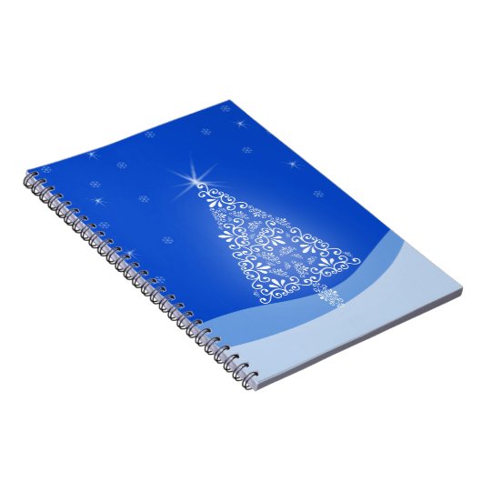 Blauwe witte kerstaven met kerstboomsterren Night Notitieboek (Rechterzijde)