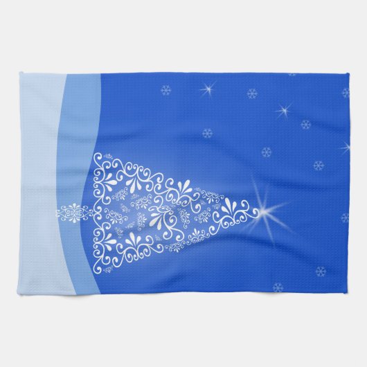 Blauwe witte kerstaven met kerstboomsterren Night  Theedoek (Horizontaal)