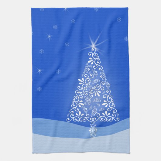 Blauwe witte kerstaven met kerstboomsterren Night  Theedoek (Verticaal)