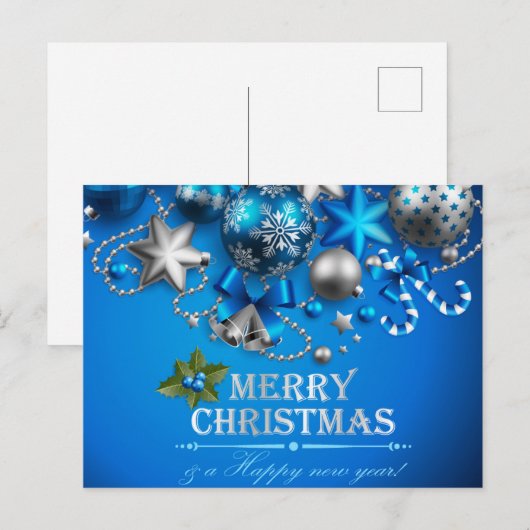 Blauwe & witte kerstballen, snoepriet, sterren, feestdagenkaart (Voorkant / Achterkant)