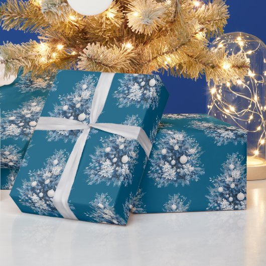 Blauwe witte kerstbomen cadeaupapier (Feestdagen)