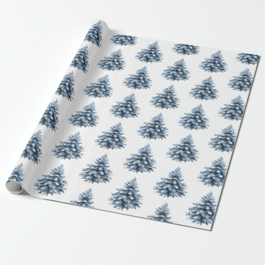 Blauwe witte kerstbomen cadeaupapier (Uitgerold)