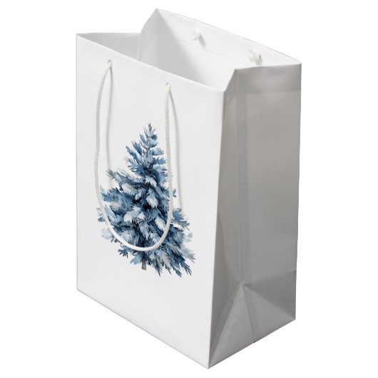 Blauwe witte kerstbomen medium cadeauzakje (Achterkant Gekanteld)