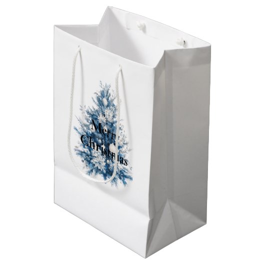 Blauwe witte kerstbomen medium cadeauzakje (Voorkant Gekanteld)
