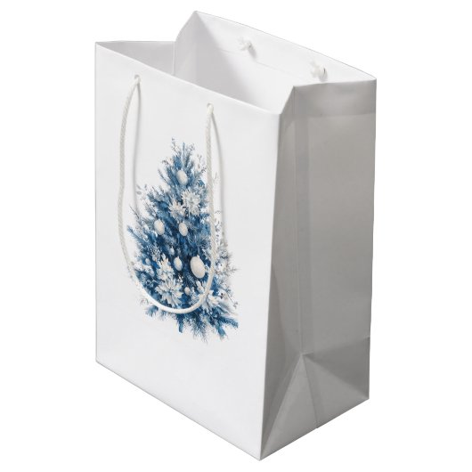 Blauwe witte kerstbomen medium cadeauzakje (Achterkant Gekanteld)