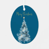 Blauwe witte kerstbomen metalen ornament (Voorkant links)