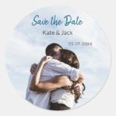 BLAUWE WITTE KLASSIEKE QR-CODE SAVE THE DATE RONDE STICKER (Voorkant)