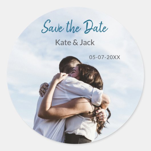 BLAUWE WITTE KLASSIEKE QR-CODE SAVE THE DATE RONDE STICKER (Voorkant)