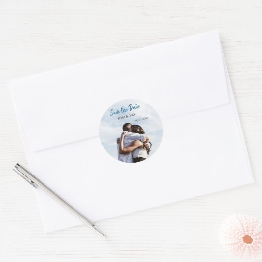 BLAUWE WITTE KLASSIEKE QR-CODE SAVE THE DATE RONDE STICKER (Envelop)