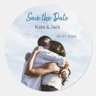 BLAUWE WITTE KLASSIEKE SCAN QR BEWAAR DE DATUM RONDE STICKER