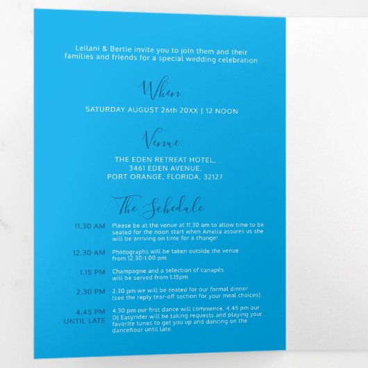 Blauwe witte kleine bruiloft, alles-in-één Tri-Fol Drieluik Uitnodiging (Binnenzijde eerst)