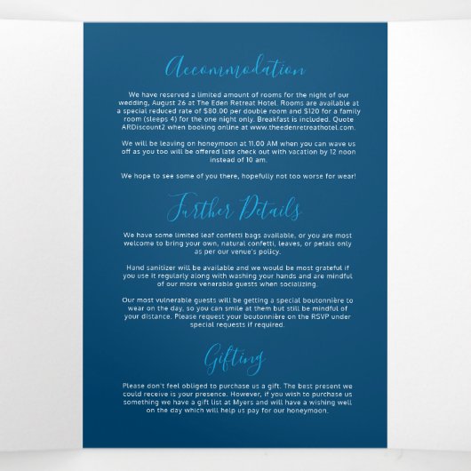 Blauwe witte kleine bruiloft, alles-in-één Tri-Fol Drieluik Uitnodiging (Binnenkant midden)