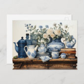 Blauwe witte koffiepot Creamer Suiker glazen pot Briefkaart (Voorkant / Achterkant)