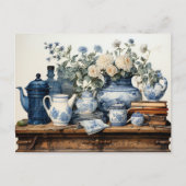 Blauwe witte koffiepot Creamer Suiker glazen pot Briefkaart (Voorkant)