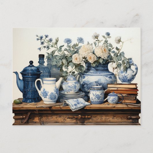 Blauwe witte koffiepot Creamer Suiker glazen pot Briefkaart (Voorkant)