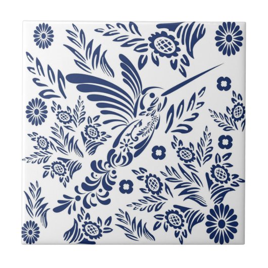 Blauwe & Witte kolibrie Mexicaanse Floral Talavera Tegeltje (Voorkant)