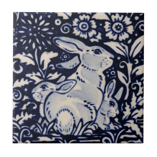 Blauwe witte konijnenfamilie Floral Chinoiserie Na Tegeltje (Voorkant)