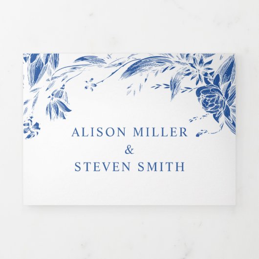 Blauwe, witte lijn kunst bloemen foto bruiloft drieluik uitnodiging (Cover)