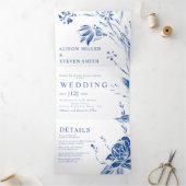 Blauwe, witte lijn kunst bloemen foto bruiloft drieluik uitnodiging (Binnen)