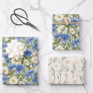 Blauwe Witte Margriet Bloemen Verjaardag Inpakpapier Vel