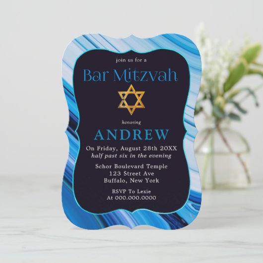 Blauwe witte marmer Mitzvah ster van David Kaart (Staand voorkant)