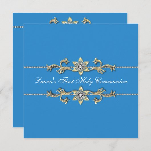 Blauwe Witte Meisjes Eerste Communie Uitnodigingen (Voorkant / Achterkant)