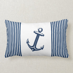 Blauwe witte Nautical Anchor Stripes Kussen