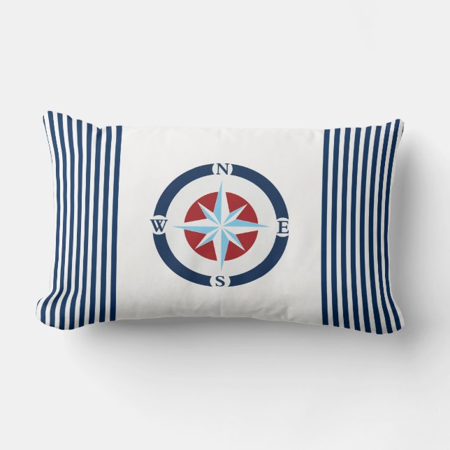 Blauwe witte Nautical Compass Stripes Kussen (Voorkant)