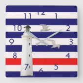 Blauwe witte nautische stripvuurtoren vierkante klok (Voorkant)