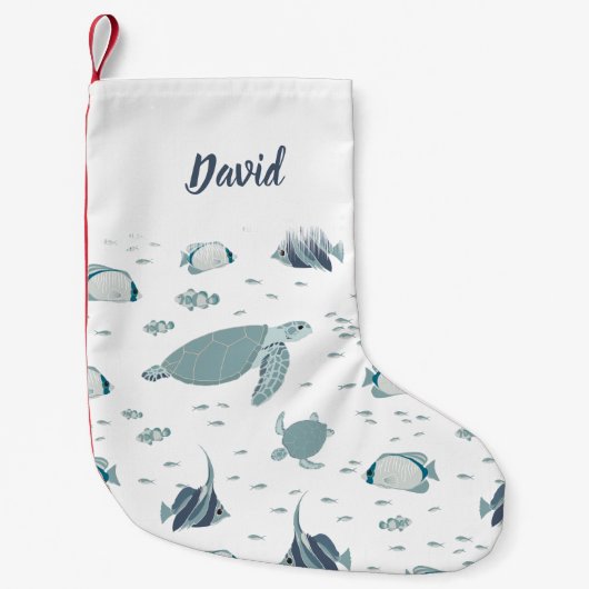 Blauwe Witte Oceaan Thema Schildpadden en Vissen Kleine Kerstsok (Voorkant)