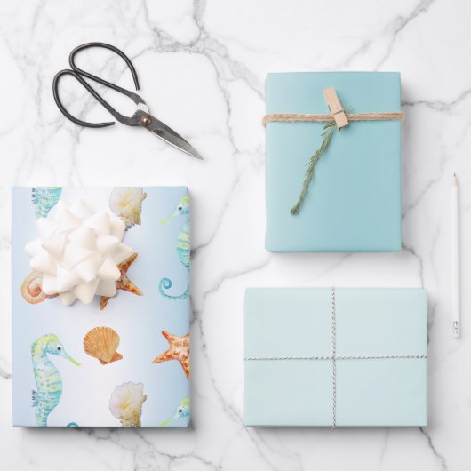 Blauwe witte ombre schelpen zeepaardzeester inpakpapier vel (Voorkant)