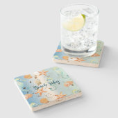 Blauwe witte ombre schelpen zeepaardzeester stenen onderzetter (Zijkant)