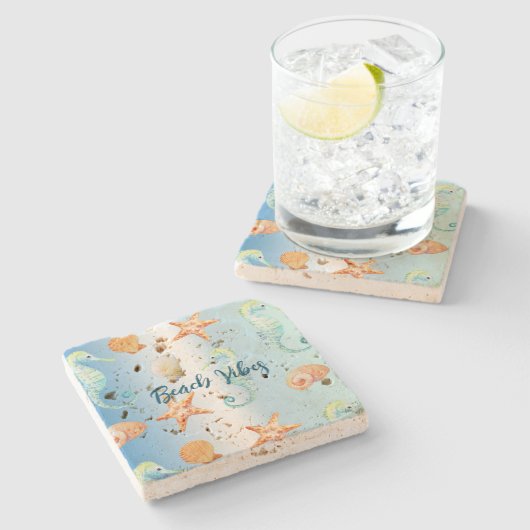 Blauwe witte ombre schelpen zeepaardzeester stenen onderzetter (Zijkant)